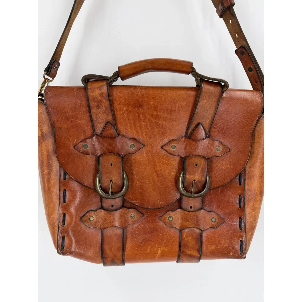 Handmade Leather Satchel Bag Unisex Medium Brown Western Boho Artisan Messenger